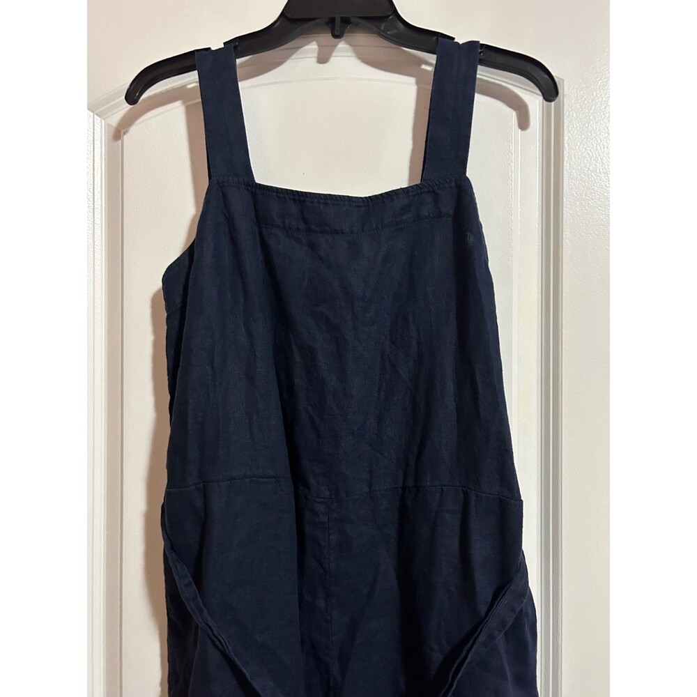 QUINCE Women's 100% European Linen Square Neck Jumpsuit Navy Tie Waist - Picture 3 of 10